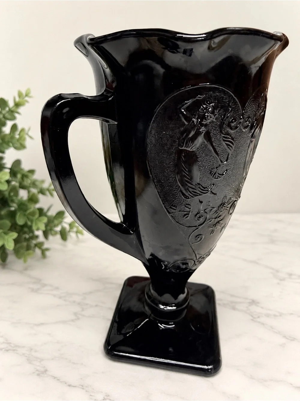 Vintage Black Amethyst Glass Double Handle Vase Urn Dancing Lady Art Deco